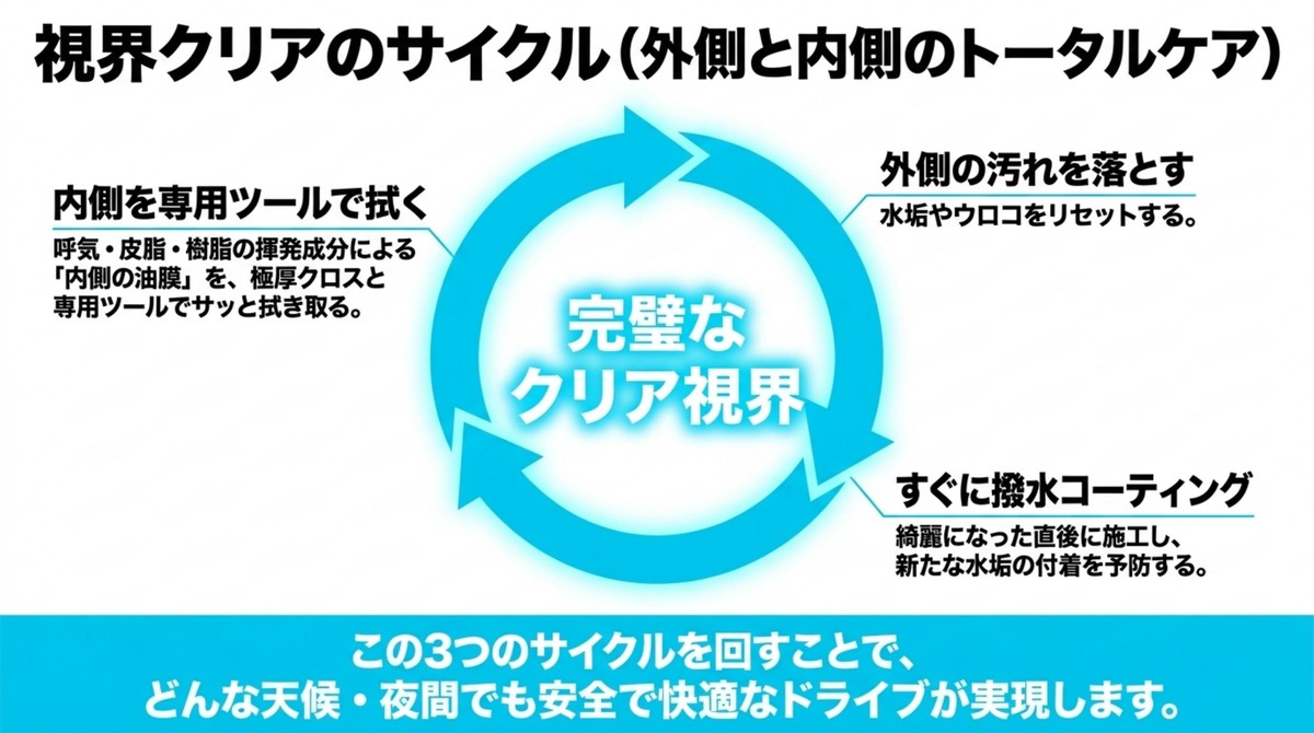 視界クリアのサイクル（外側と内側のトータルケア）