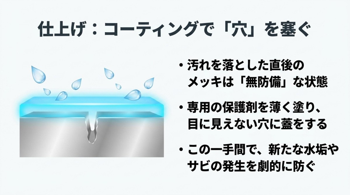 汚れを落とした直後に専用の保護剤を薄く塗り目に見えない穴に蓋をする仕上げの重要性 [cite: 52, 53]