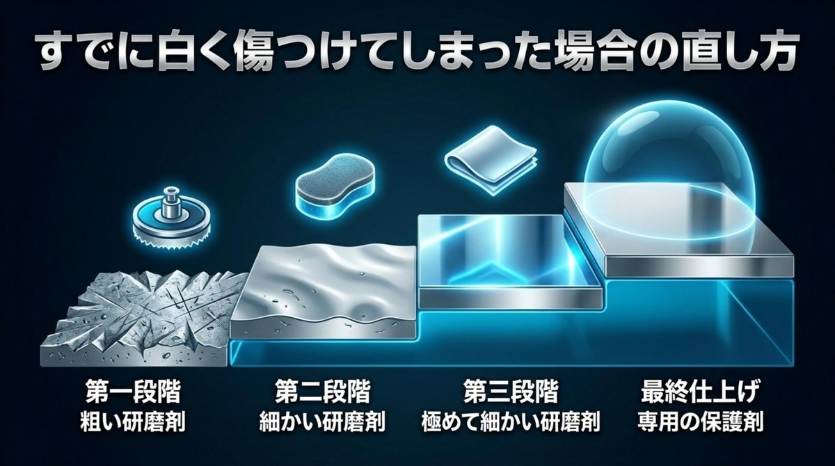 粗い研磨剤から細かい研磨剤へ段階的に修復する手順
