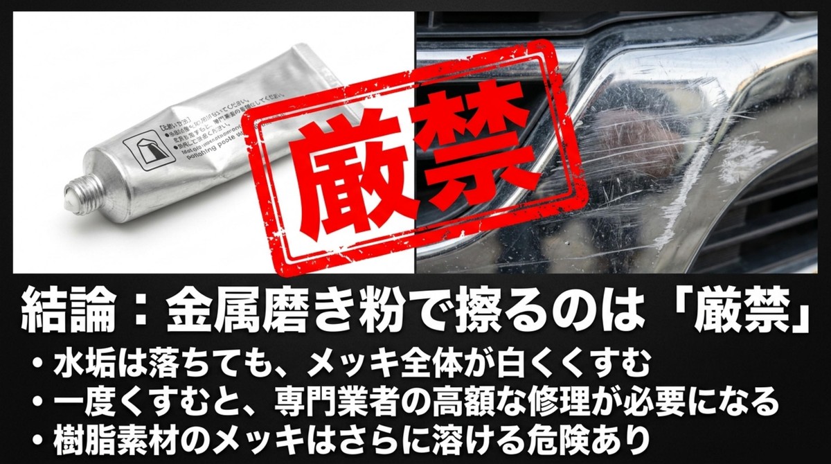 結論として金属磨き粉で擦るのは厳禁であり、メッキ全体が白くくすむことや樹脂素材が溶ける危険性がある [cite: 11, 12, 14]