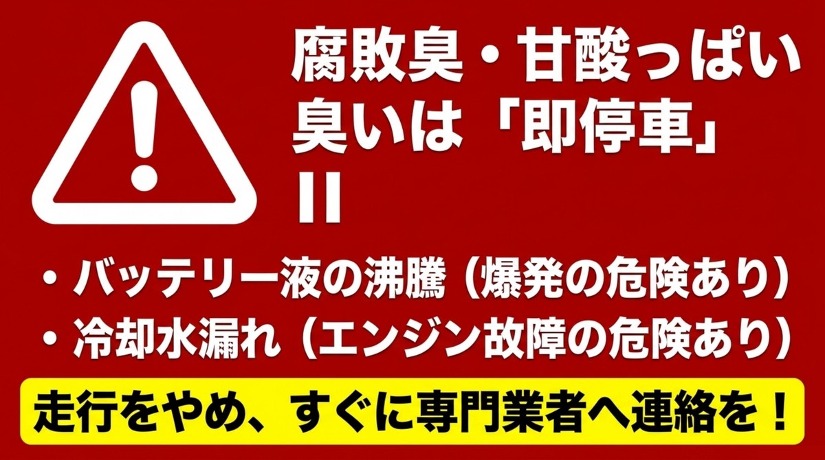 バッテリー液の沸騰や冷却水漏れの際は爆発やエンジン故障の危険があるため即停車を促す警告