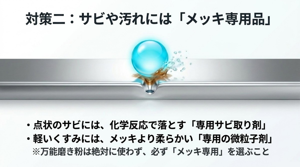 点状のサビには専用サビ取り剤、軽いくすみには専用の微粒子剤を選び万能磨き粉は使わない [cite: 50]