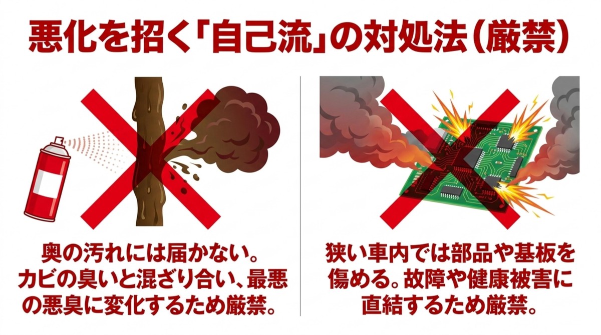 スプレーが奥まで届かない様子と電子基板がショートして発火しているイラスト