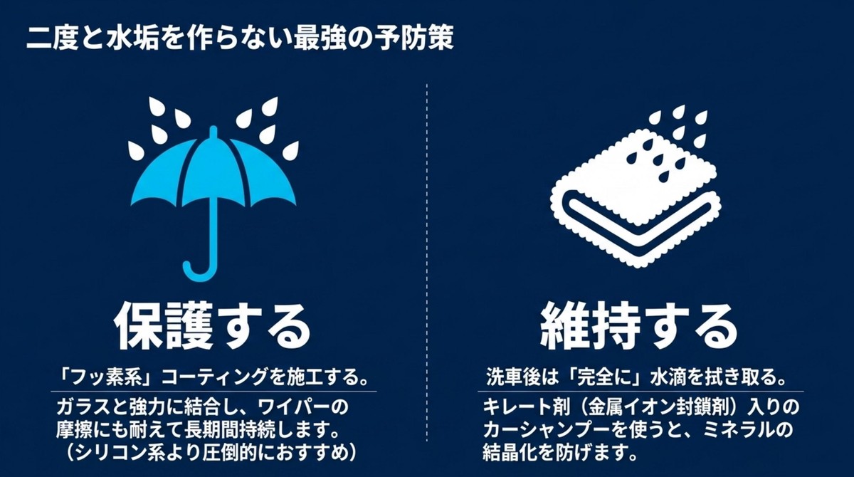 フッ素系コーティングによる保護と、完全な拭き上げによる維持の方法