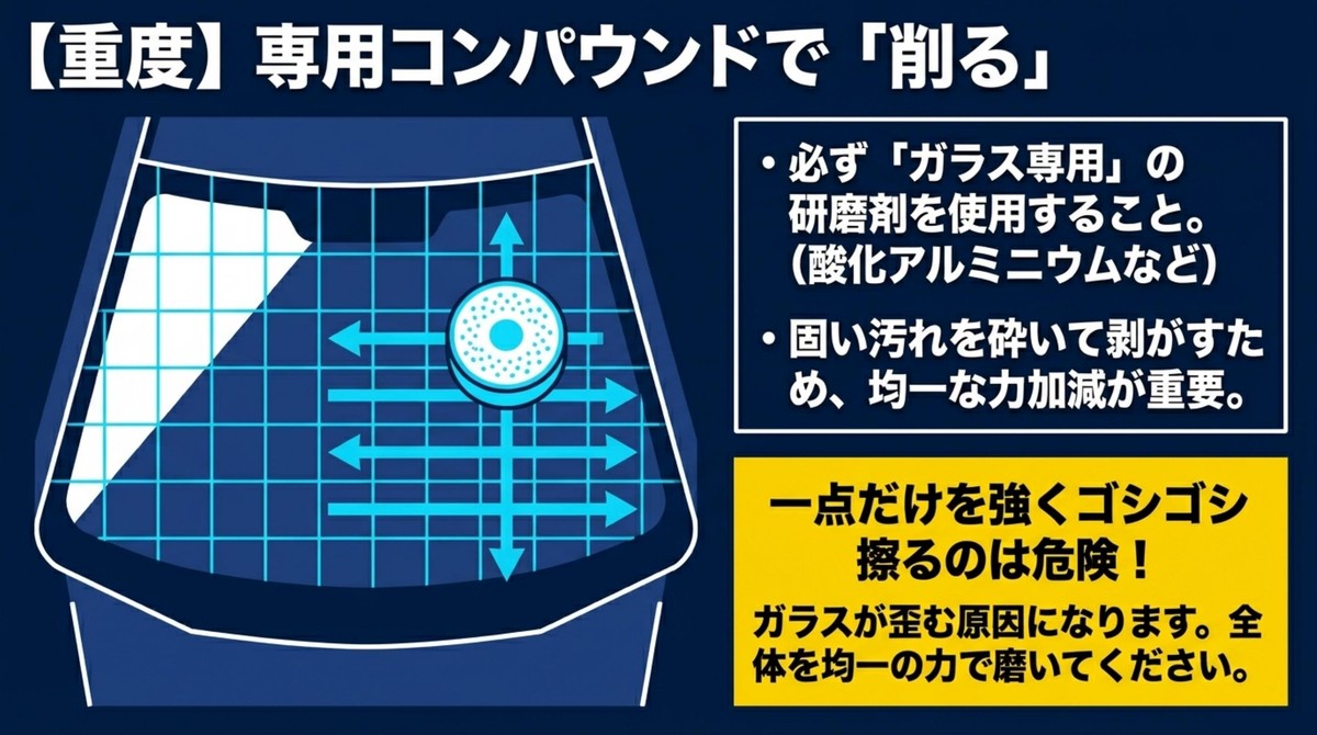 ガラス専用コンパウンドを使用し、均一の力で磨く際の注意点
