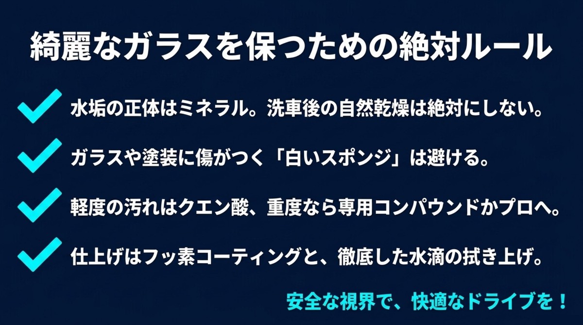 自然乾燥の禁止や適切な落とし方など、綺麗なガラスを保つためのルール