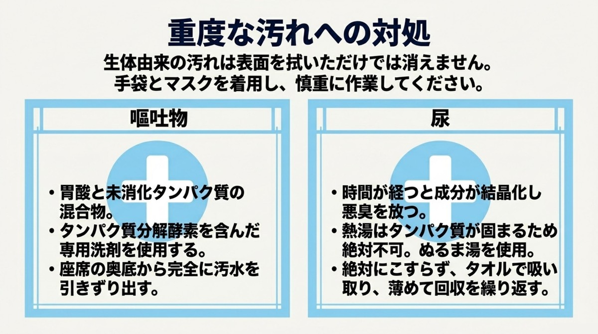 嘔吐物や尿などの重度な汚れに対する専用洗剤の活用と対処法