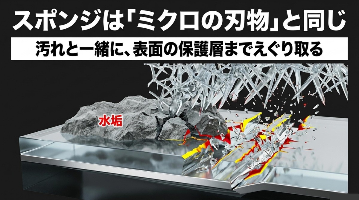 メラミンスポンジがミクロの刃物となり、水垢と一緒に表面の保護層までえぐり取る様子