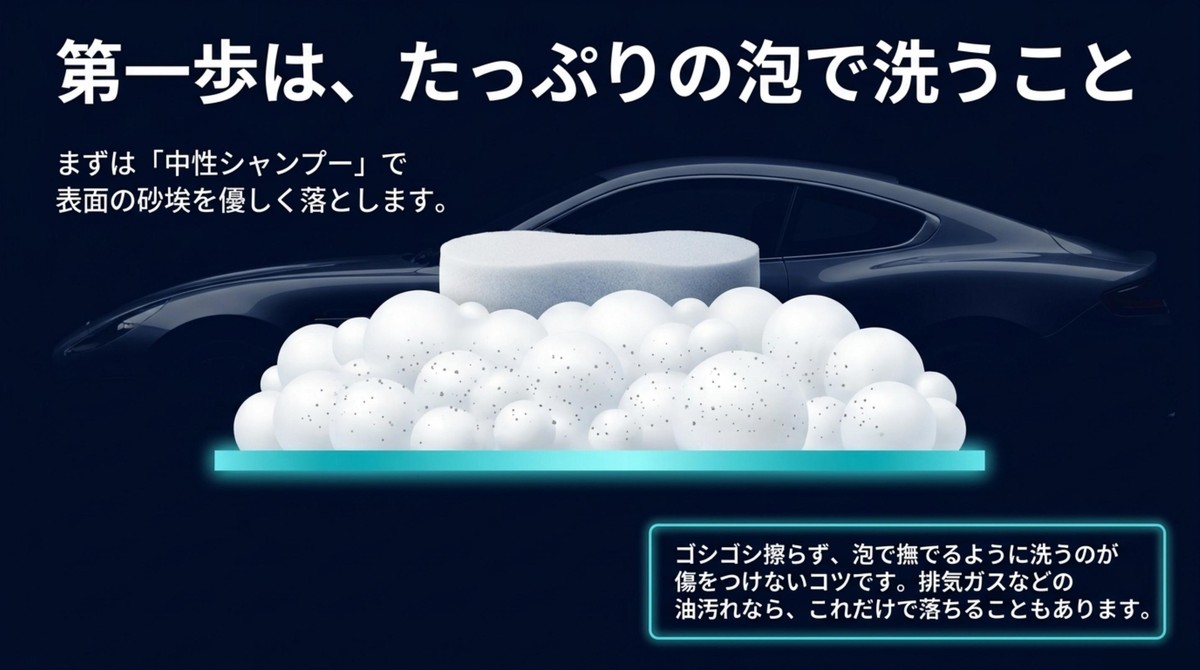 たっぷりの泡と中性シャンプーを使った基本の洗車手順