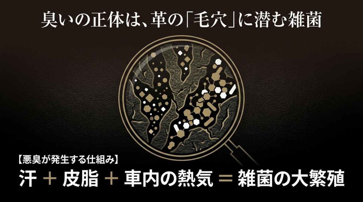 臭いの正体は革の毛穴に潜む雑菌で、汗・皮脂・車内の熱気で大繁殖する [cite: 4, 6]