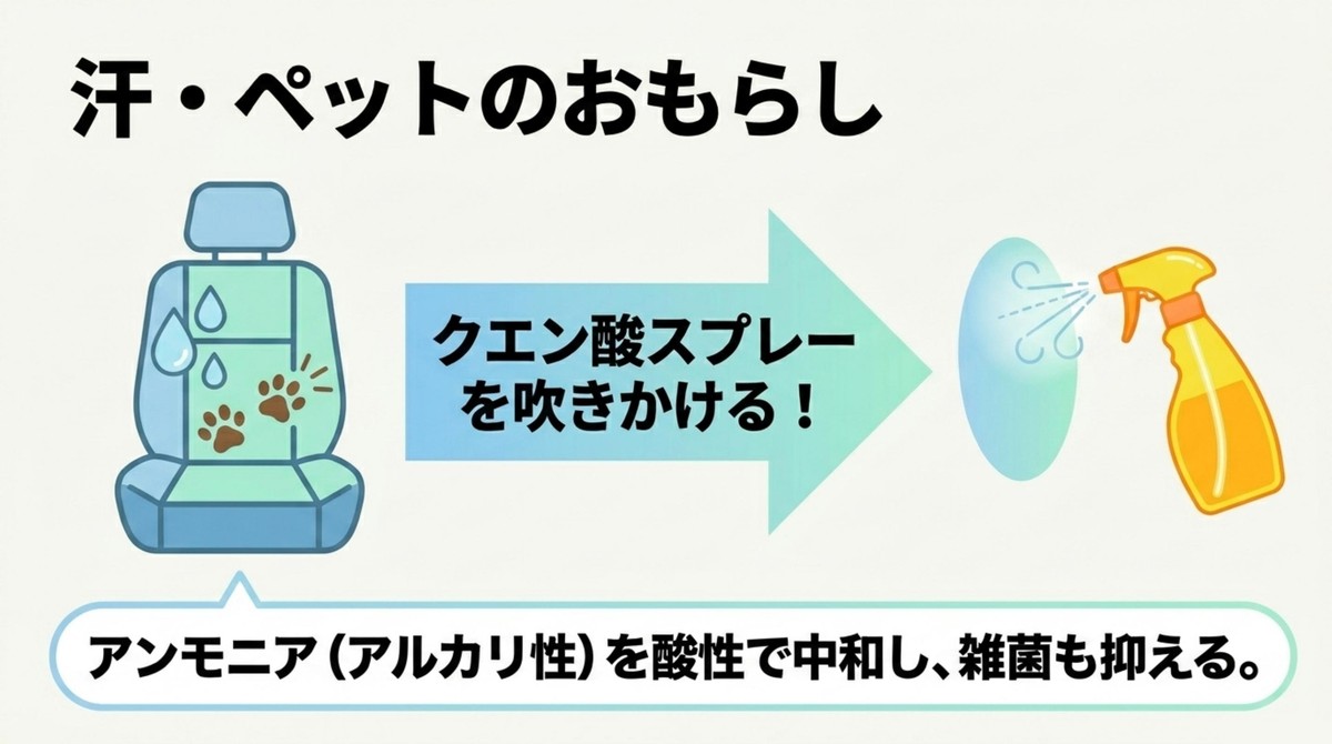 車のシートについた汗やペットのおもらしにはクエン酸スプレーを吹きかけてアルカリ性を酸性で中和する