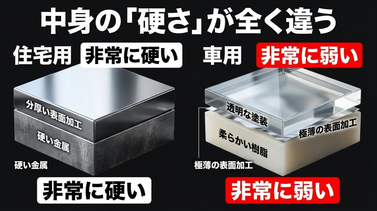 住宅用の硬い金属と分厚い表面加工、車用の柔らかい樹脂と極薄の表面加工の比較
