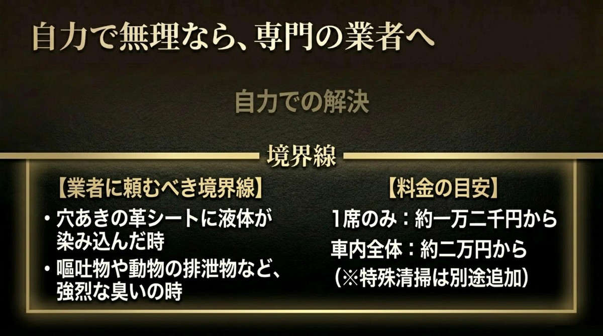 自力で無理な場合の業者への依頼境界線と料金相場として1席約一万二千円から [cite: 53, 55, 60]