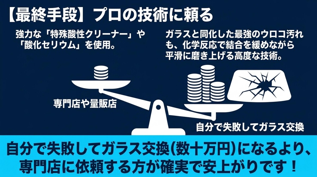 専門店による確実な除去と、自分で失敗してガラス交換になるリスクの比較