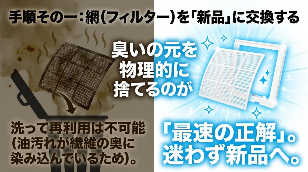 手順その一：網（フィルター）を新品に交換するテキスト解説