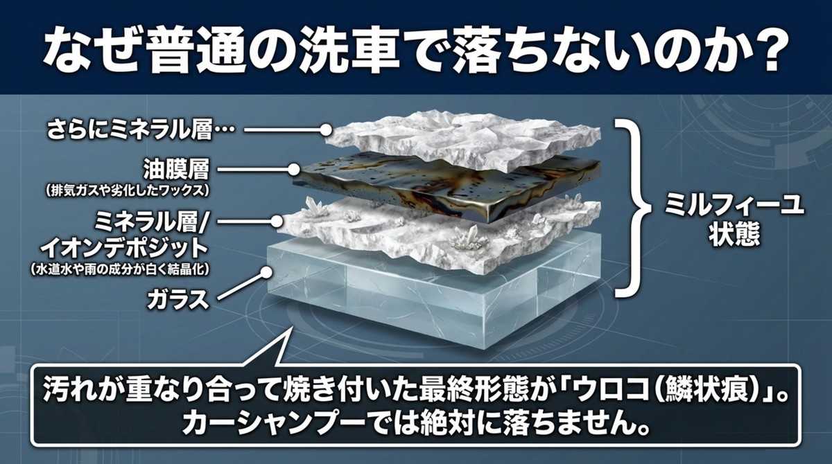 汚れが重なり合うミルフィーユ状態の図解