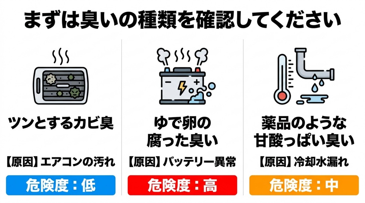 エアコン汚れによるカビ臭、バッテリー異常によるゆで卵の腐った臭い、冷却水漏れによる甘酸っぱい臭いなどの原因と危険度の図解