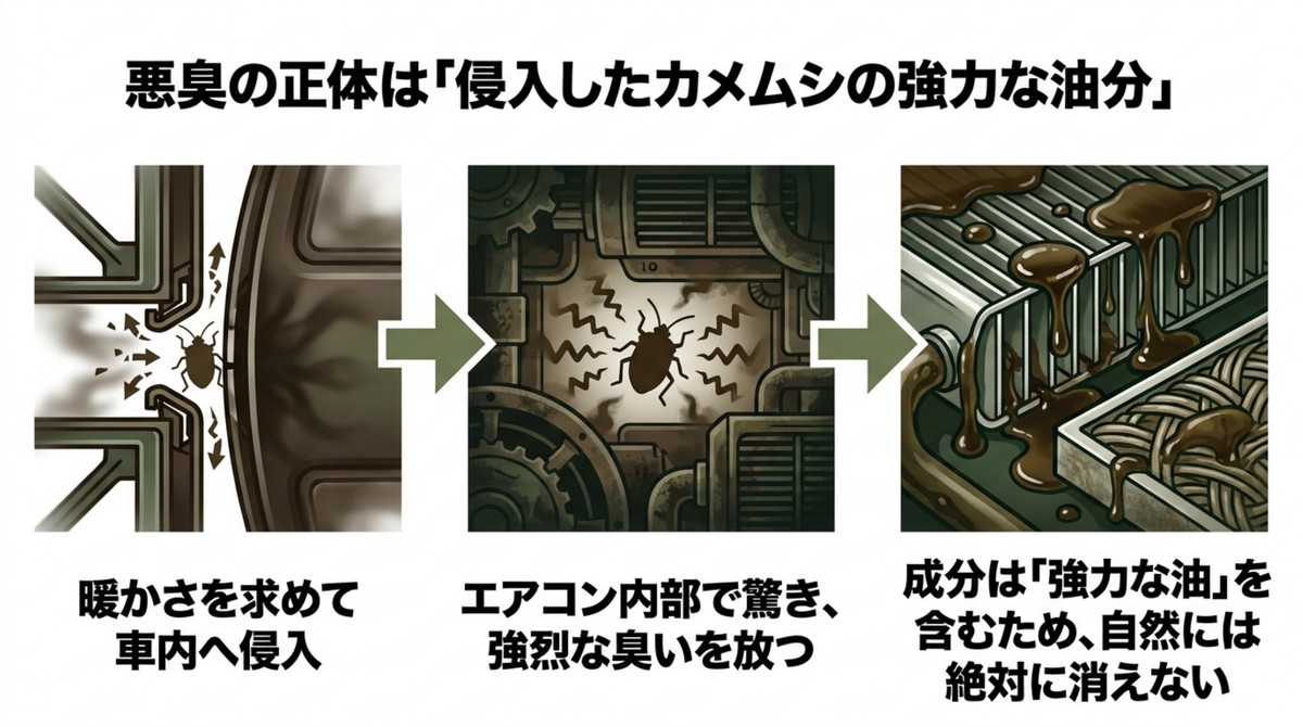 機械の内部に侵入したカメムシが驚いて悪臭を放っている様子