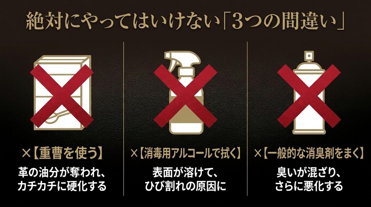 絶対にやってはいけない3つの間違いとして重曹、アルコール、一般的な消臭剤の使用がある [cite: 8, 9, 10]