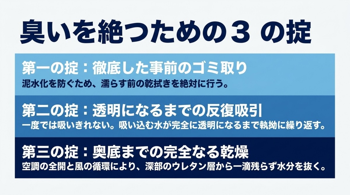 車の臭いを絶つための3つの掟（事前のゴミ取り、反復吸引、完全乾燥）
