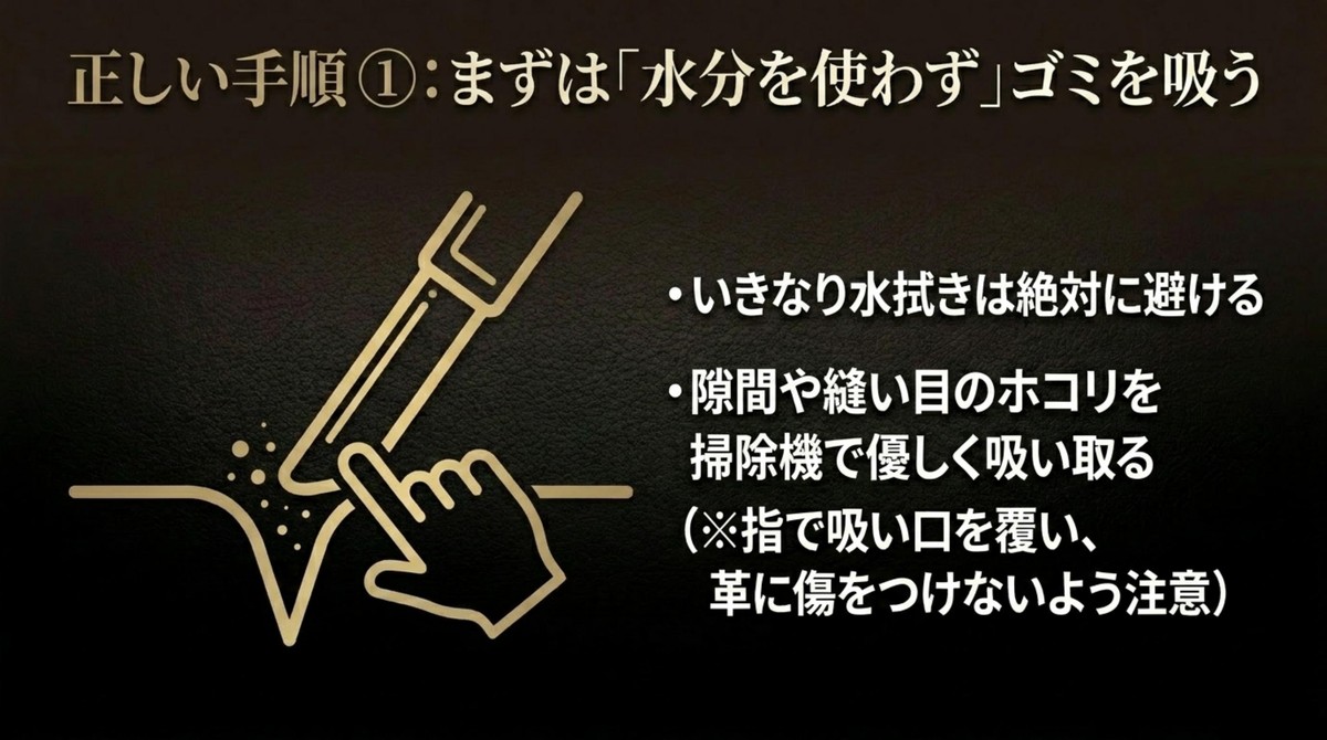 正しい手順①として、まずは水分を使わず掃除機で優しくゴミを吸い取る [cite: 25, 28]
