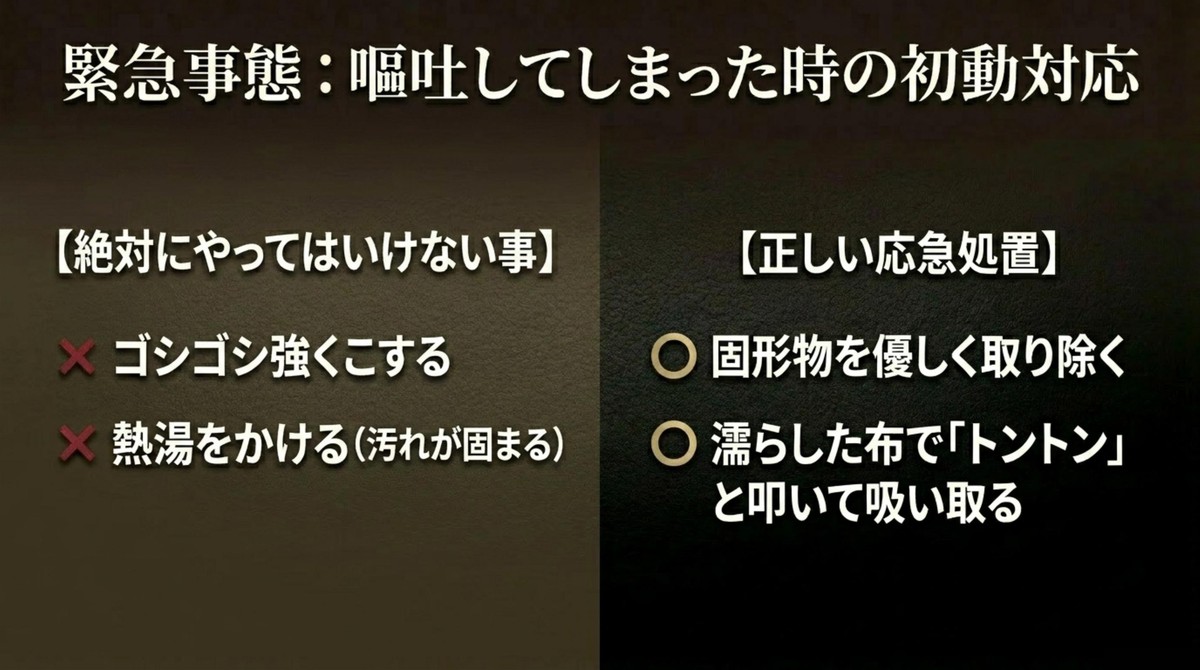 嘔吐してしまった時の初動対応は、ゴシゴシこすらず濡らした布でトントン叩いて吸い取る [cite: 45, 48, 51]