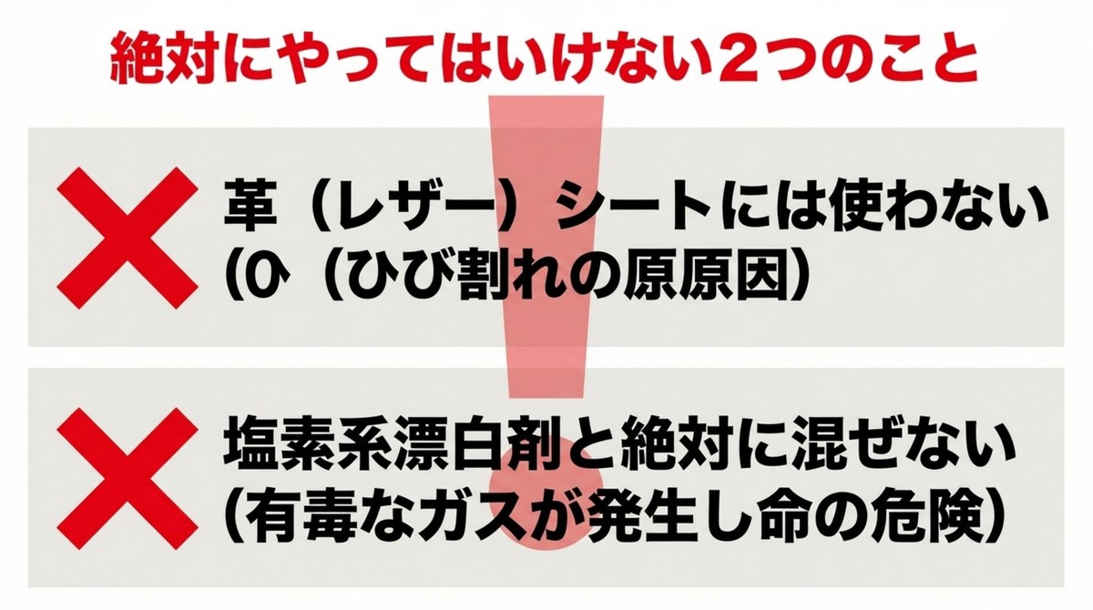 革シートへの使用と塩素系漂白剤との混合という絶対にやってはいけない2つのこと
