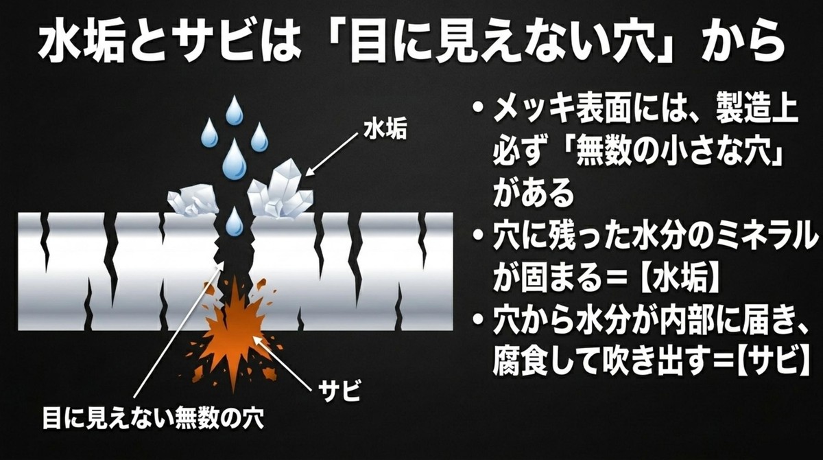 メッキ表面の無数の小さな穴に水分のミネラルが固まり水垢になり、内部から腐食してサビが吹き出す仕組み [cite: 32, 33, 34, 35]
