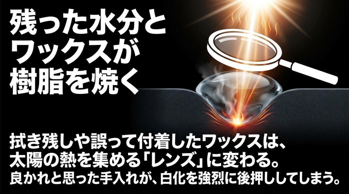 拭き残した水分やワックスが太陽光を集めるレンズ効果となり、樹脂を焼くメカニズムの解説