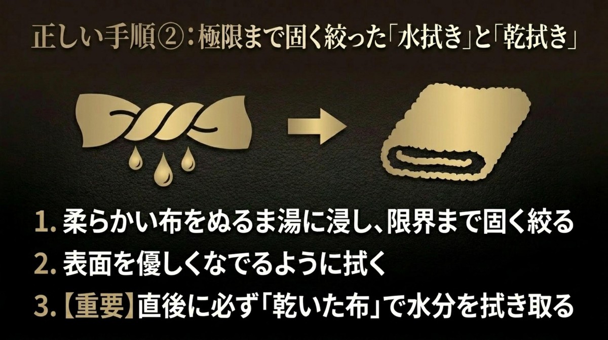正しい手順②として、極限まで固く絞った水拭きの直後に必ず乾拭きをする [cite: 32, 34]