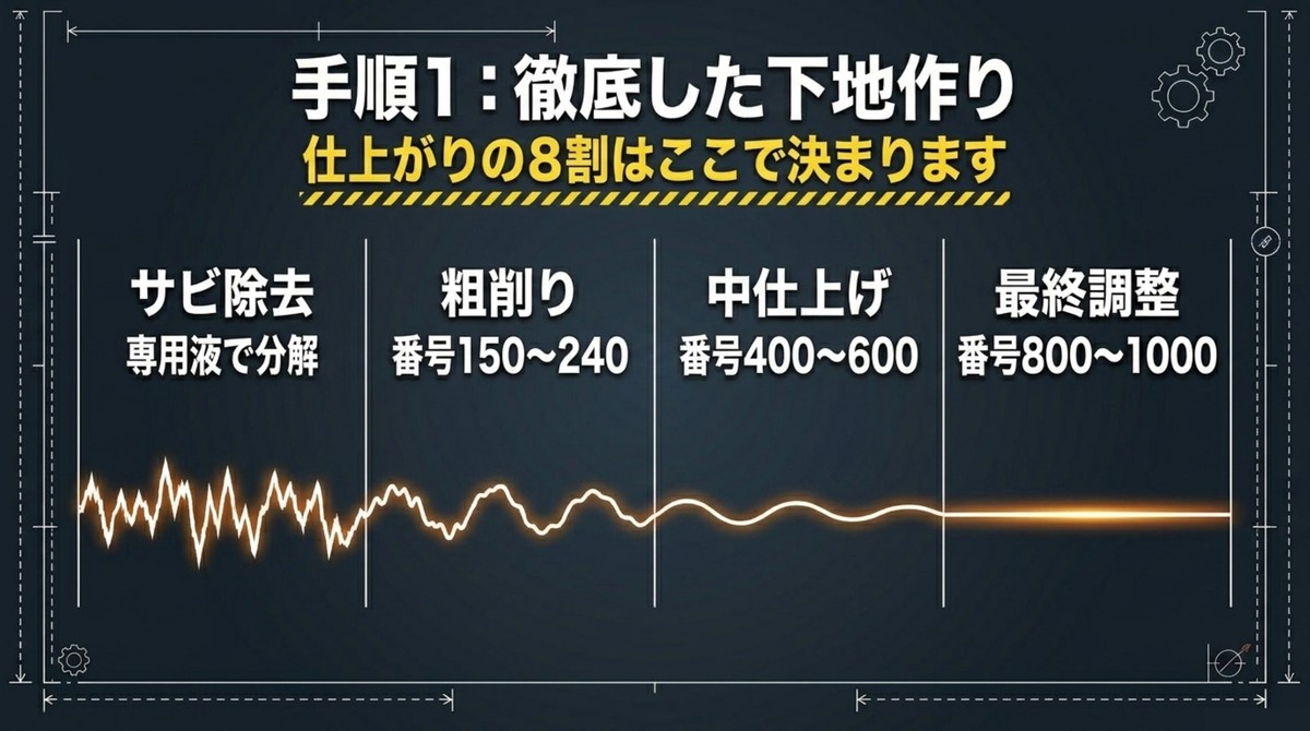 仕上がりの8割が決まる!徹底した下地作り サビ除去から粗削り、中仕上げ、最終調整までの徹底した下地作りの手順