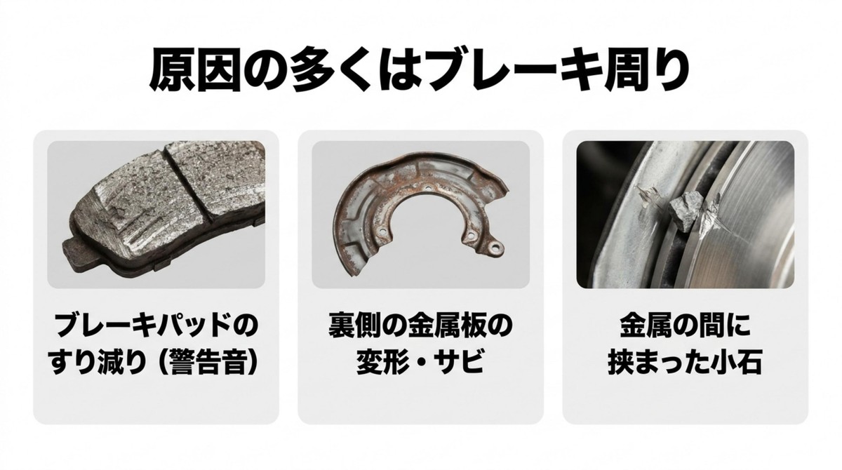 シャリシャリ音の主な原因であるブレーキパッドの摩耗、バックプレートの変形や錆、石噛み