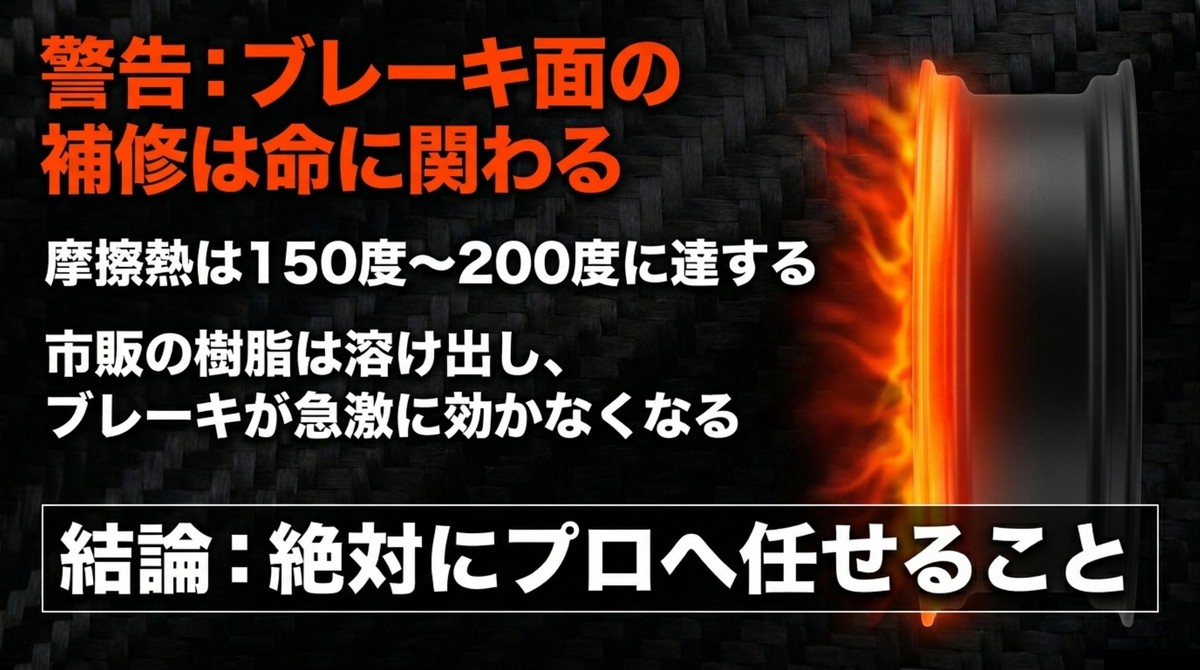 命に関わるブレーキ面の補修リスク ブレーキ面の補修に関する警告:摩擦熱による樹脂溶け出しのリスク