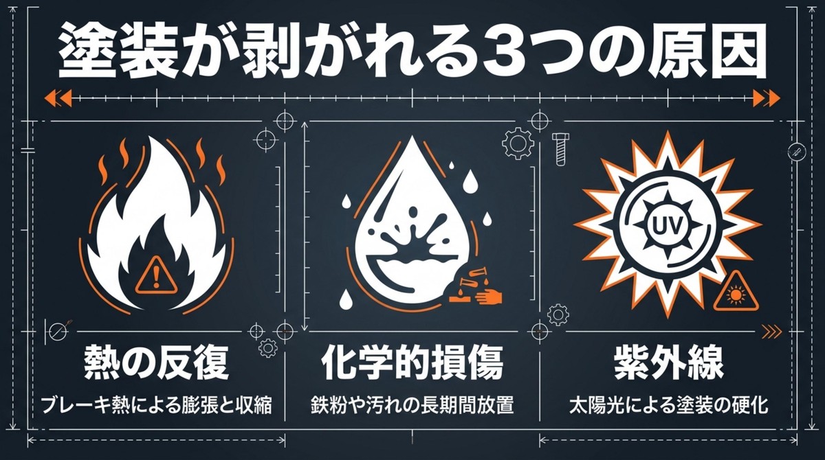 なぜ剥がれる?クリア塗装劣化の3大原因 塗装が剥がれる3つの原因:熱の反復、化学的損傷、紫外線