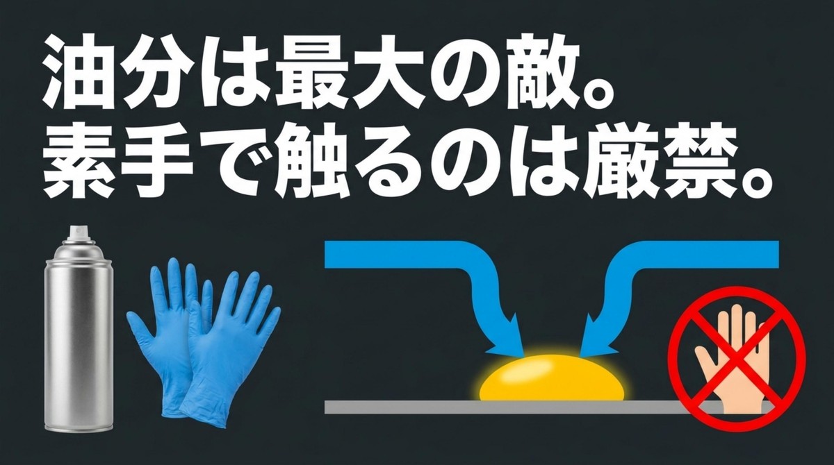 クリア塗装による表面保護と、数日間かけた完全乾燥の重要性を示すスプレー缶と砂時計の図