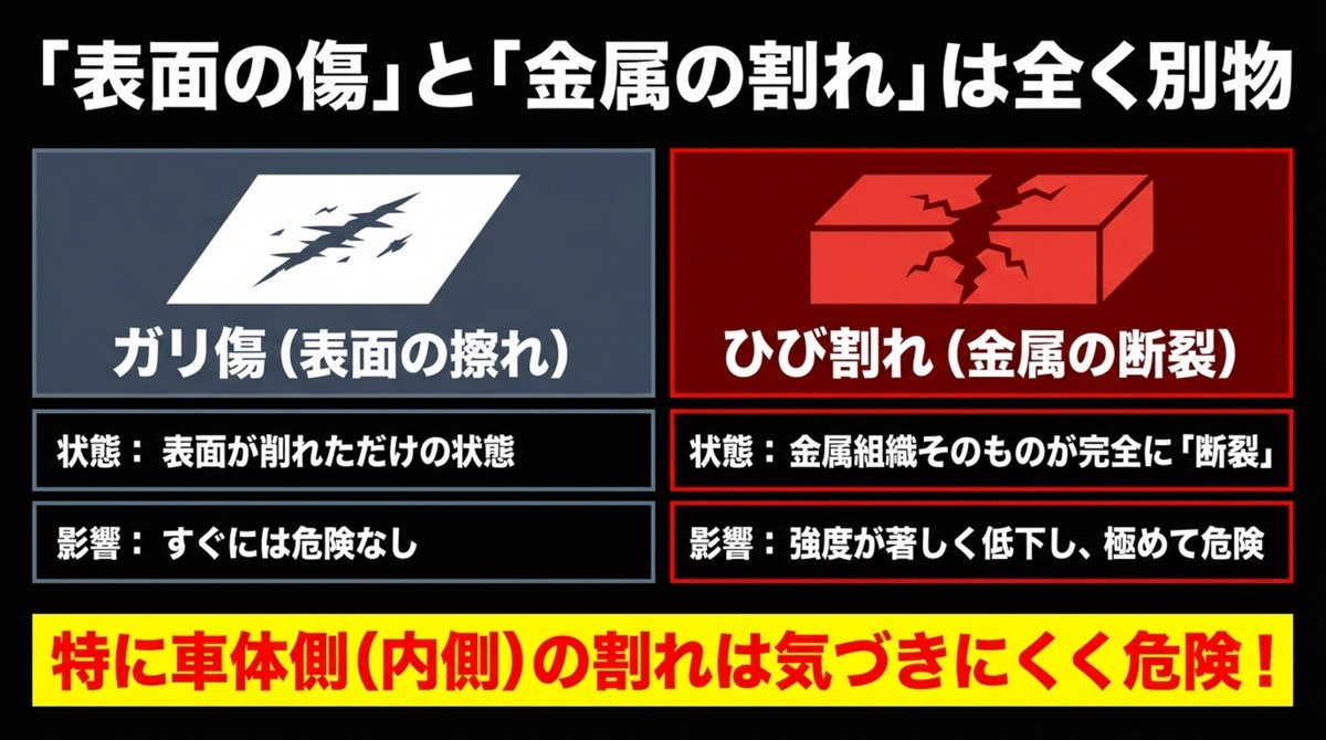 表面のガリ傷と金属のひび割れの構造的な違い