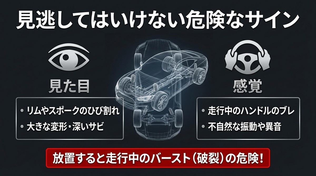 ホイールのひび割れ、変形、深いサビ、走行中のハンドルのブレや異音など危険サインを示した図解