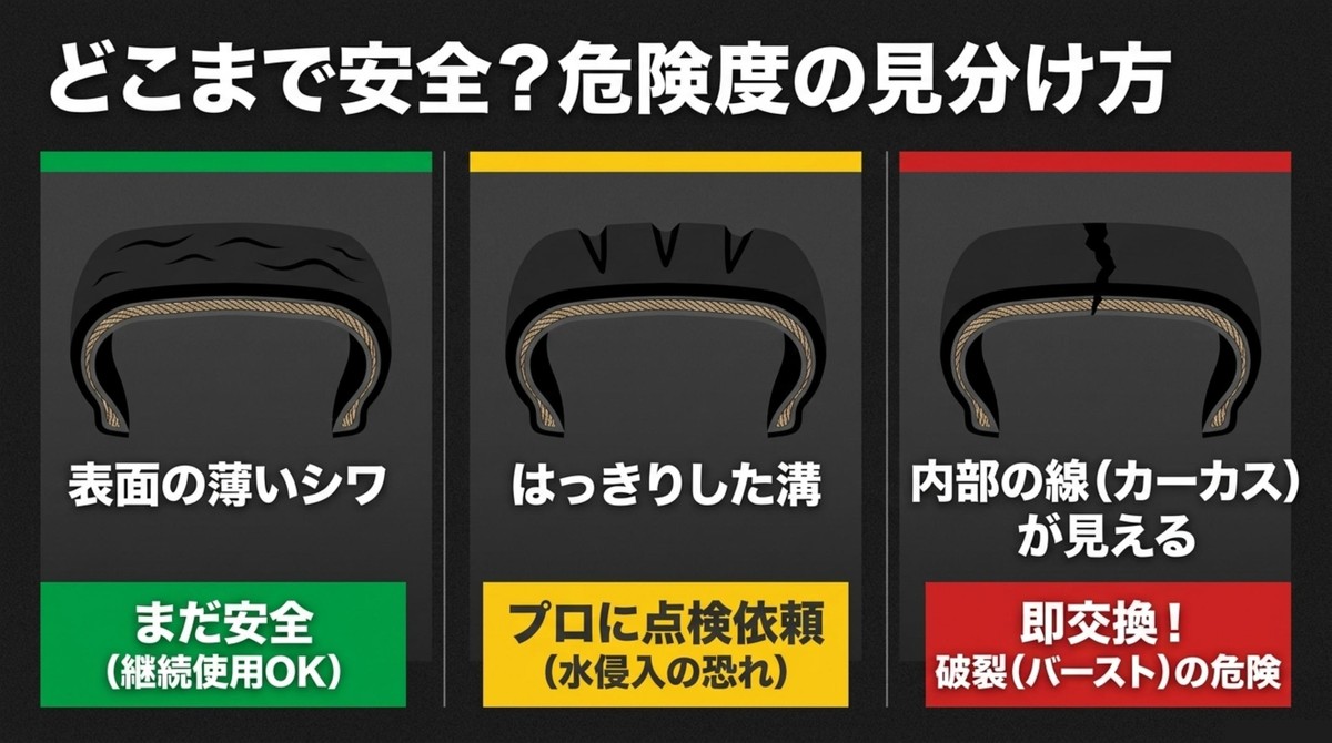 表面のシワから内部のカーカスが見える状態まで、タイヤのひび割れ危険度を見分ける3つの段階