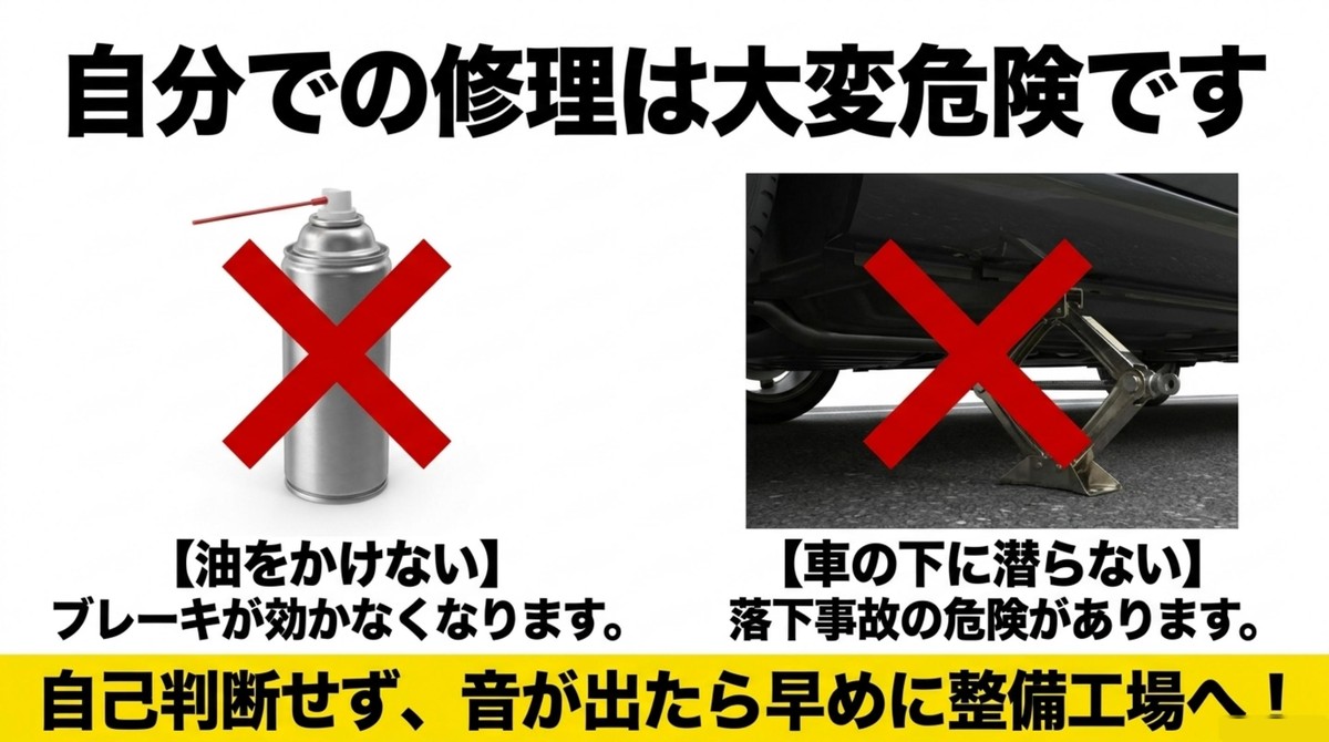 ブレーキへの注油やジャッキで支えた車の下へ潜る危険なDIY作業への注意