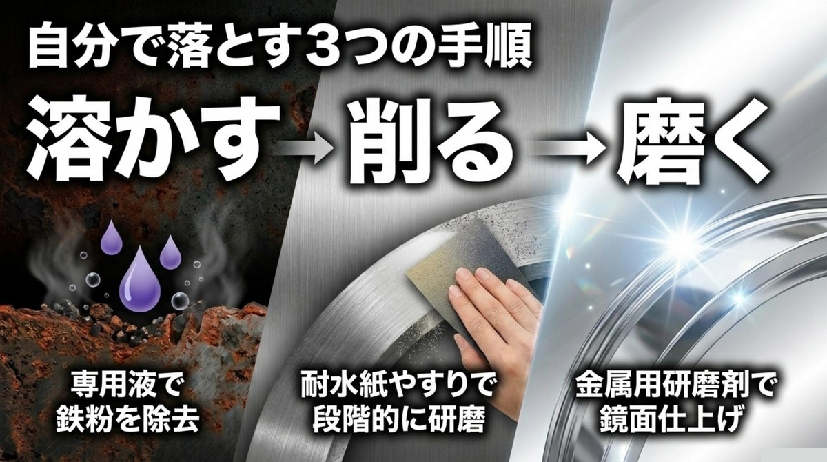 専用液や研磨剤を使って溶かす・削る・磨くという3つのサビ取り手順