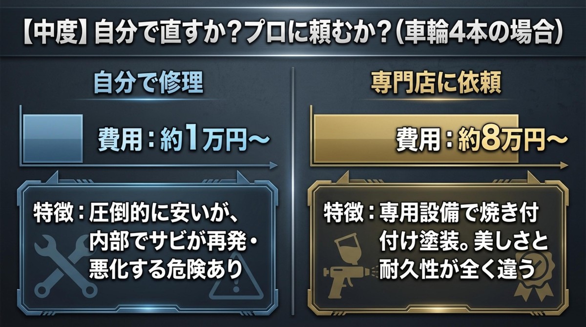ホイール4本を自分で直す場合と専門店に依頼する場合の費用と特徴の比較