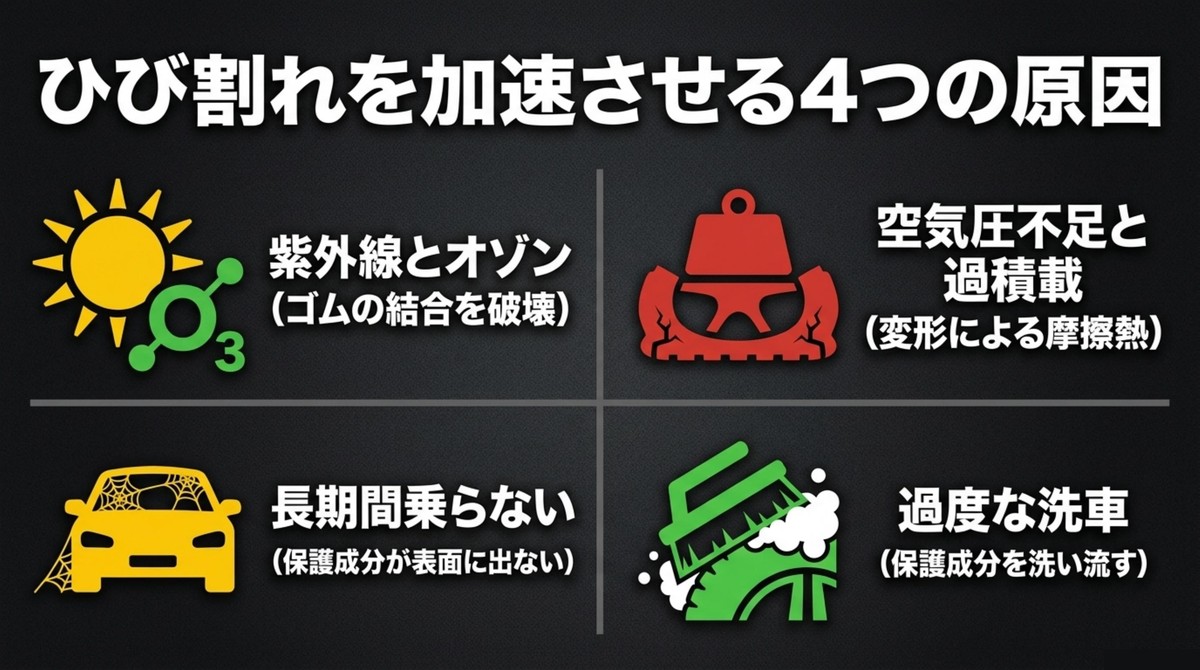 紫外線とオゾン、空気圧不足、長期間乗らない、過度な洗車といったひび割れを加速させる4つの原因