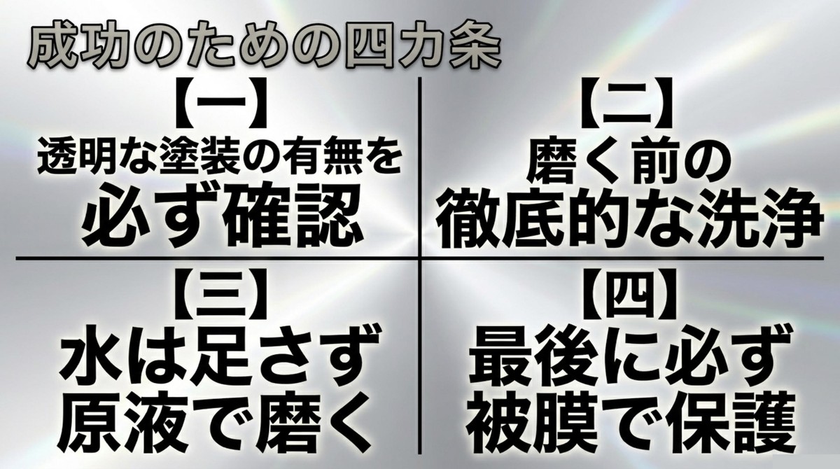 クリア確認、洗浄、原液研磨、被膜保護の成功のための四カ条