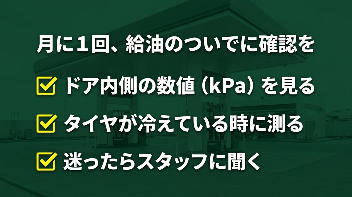 月1回の給油ついでにドア内側の数値を見て冷えたタイヤを測り迷ったらスタッフに聞くまとめスライド
