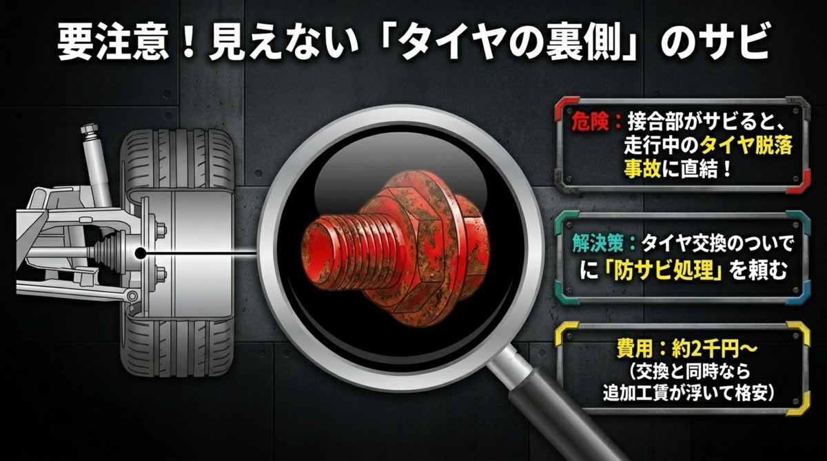 タイヤ接合部のサビによる脱落事故の危険性と防錆処理