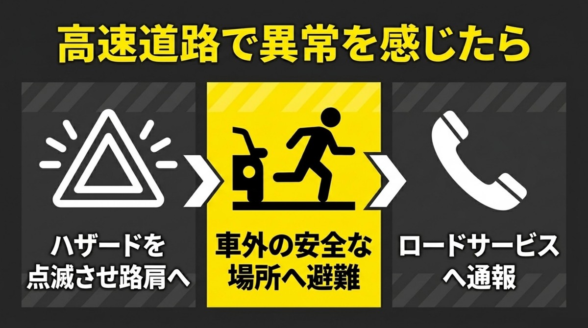 高速道路で異常を感じたときにハザードを点滅させ路肩へ移動し車外の安全な場所へ避難してロードサービスへ通報する流れ