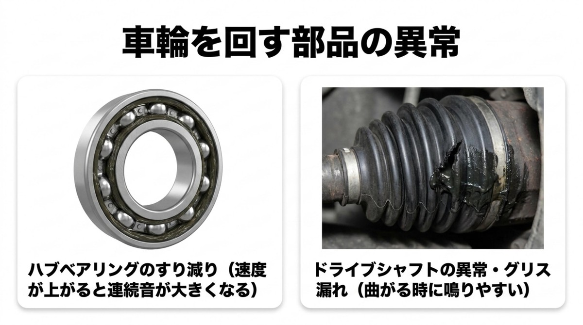 タイヤを回転させるハブベアリングとドライブシャフトの異常やグリス漏れ