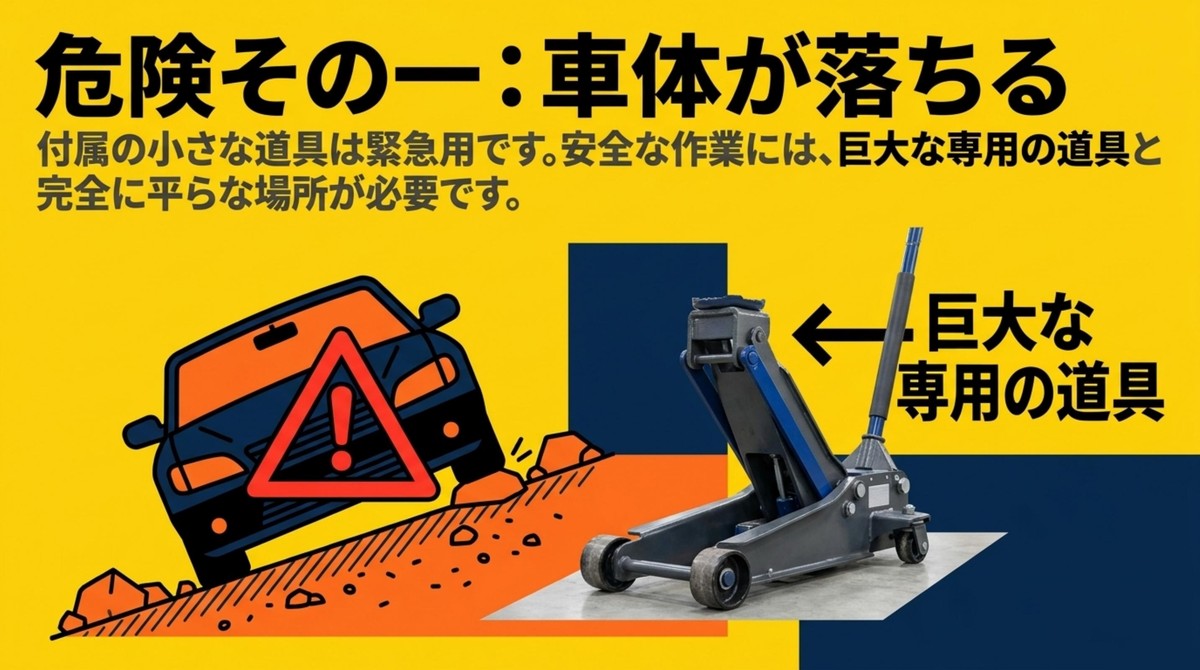 傾いた車とガレージジャッキを使いジャッキアップ事故の危険性を説明するスライド