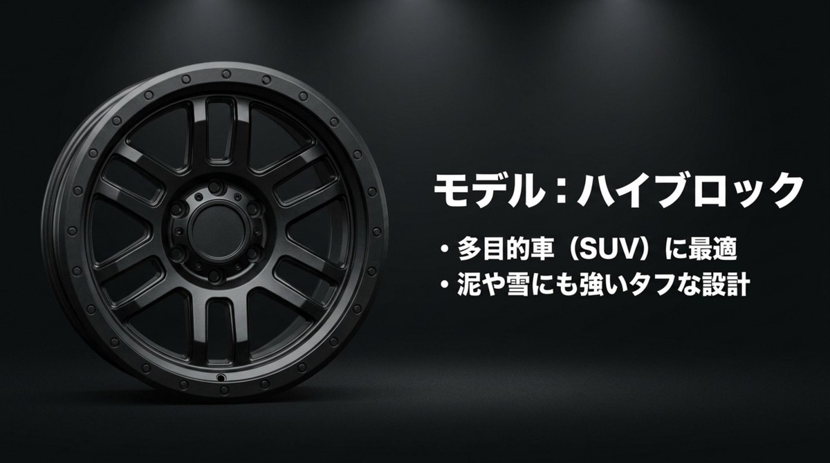 SUVに最適で泥や雪に強いタフな設計のモデル「ハイブロック」のホイール画像