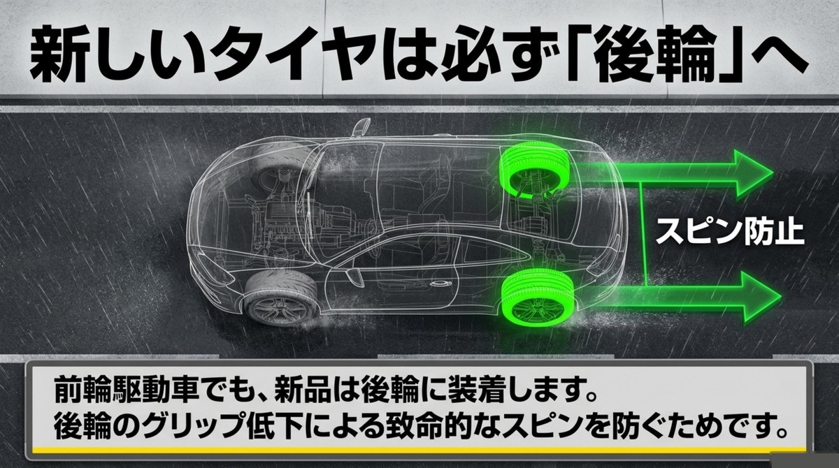 新品タイヤを後輪に装着して雨の日のスピンを防ぐ考え方を示すスライド